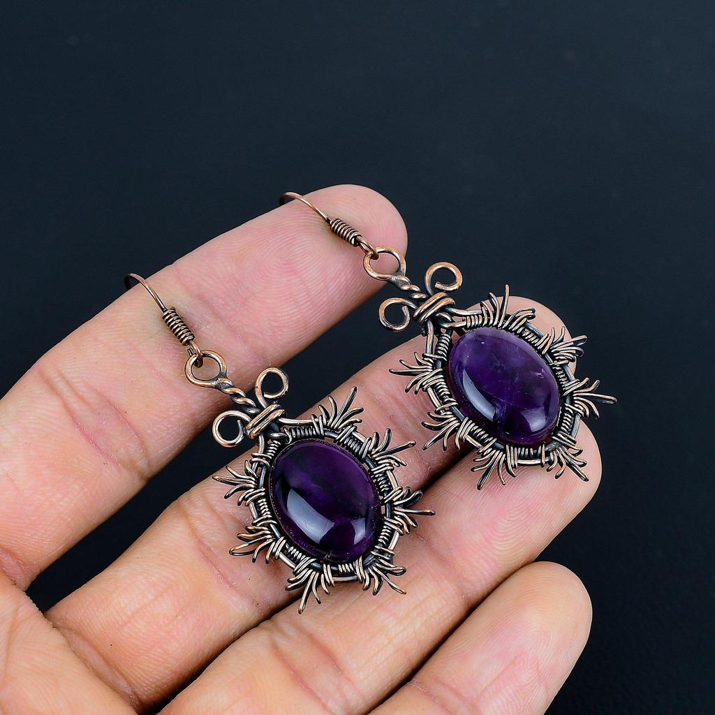 Amethyst Earrings, 999 Copper Wire Wrapped Gemstone Jewelry, Handmade Earrings Amazing Jewelry, Gift For Her