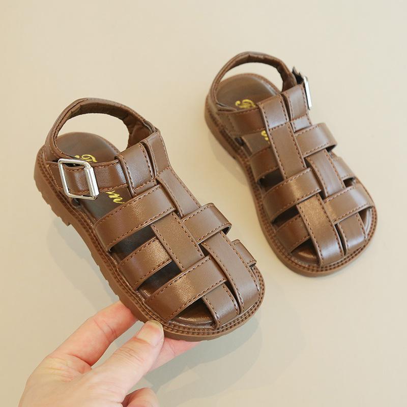 Girls Casual Closed Toe Buckle Strap Woven Thick Sole Roman Sandals