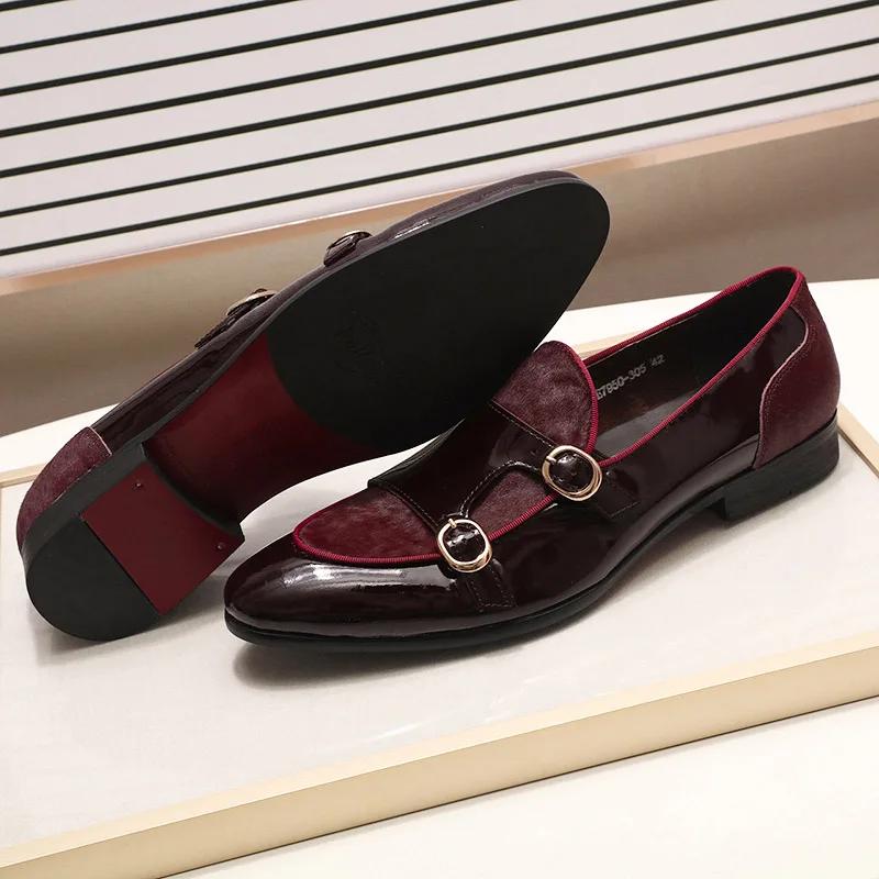 FELIX CHU Men's Patent Leather Monk Strap Dress Shoes Wedding Loafers Horse Hair Detail Casual Formal Party Gentlemen Footwear