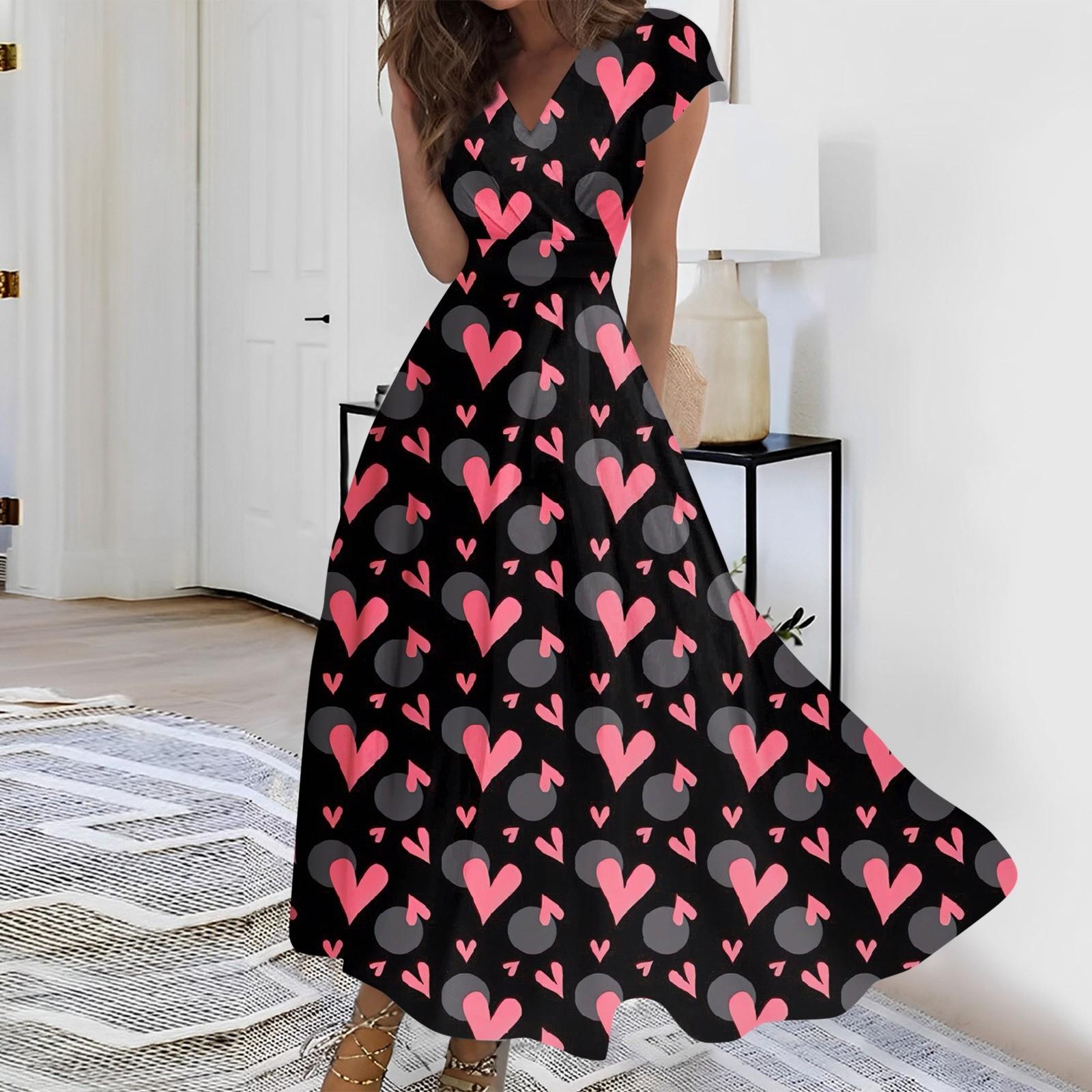 

Женское длинное повседневное платье весна-лето с коротким рукавом V-образным вырезом и заниженной талией с принтом M розовый