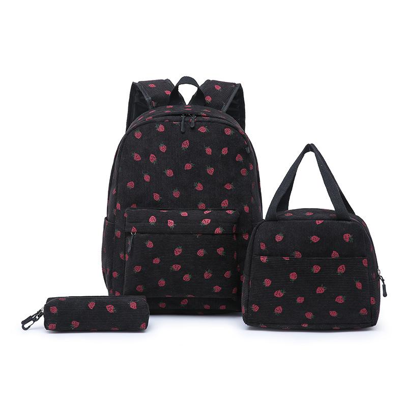 3 pièces/set Sac à dos scolaire Rose imprimé Cerise pour adolescentes Sac à livres en velours côtelé Sacs pour école primaire et secondaire Sac à lunch Sac à crayons Ensemble