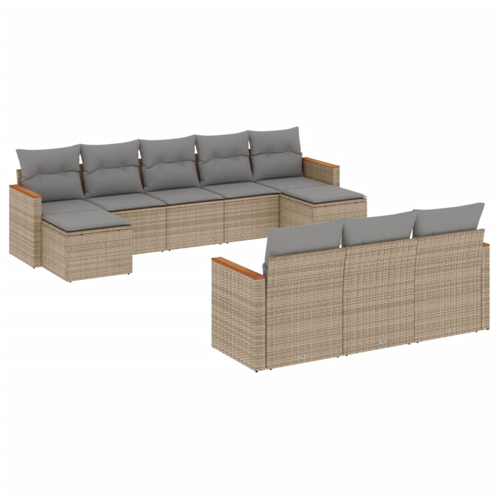 Vidaxl 10-Cz. Garden Furniture Set With Cushions, Beige, Poly Rattan