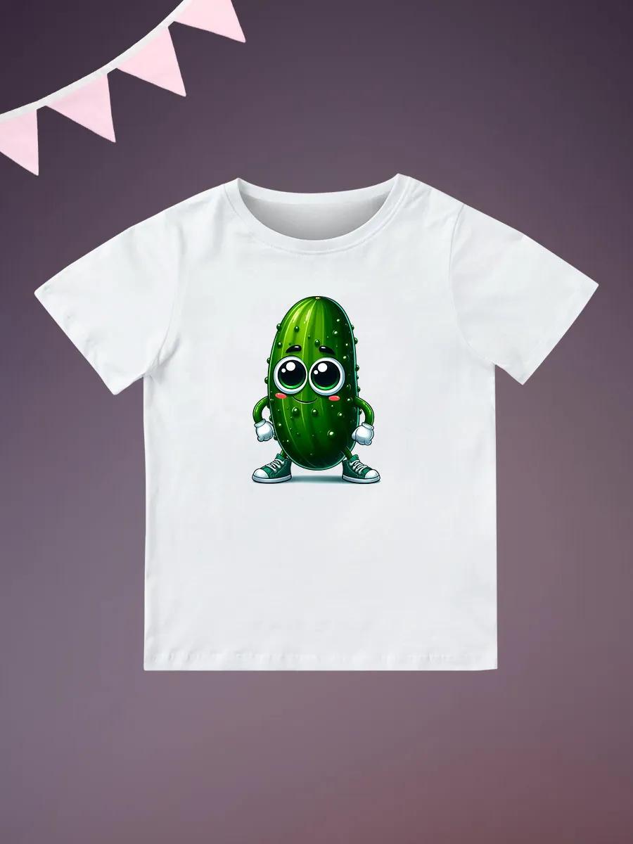 Round Neck Printed Pattern Pullover Short Sleeve Kids Tops Cucumber 110