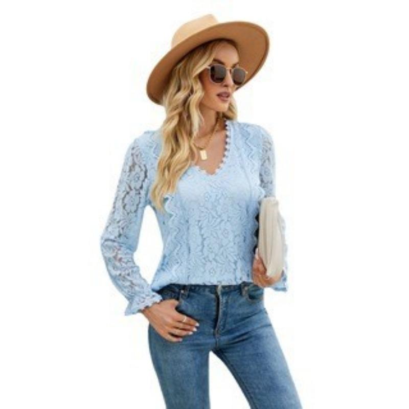 Vår och höst Dam Blus Spets Långärmad Enfärgad Utskuren Spets Sexig Stickad Topp