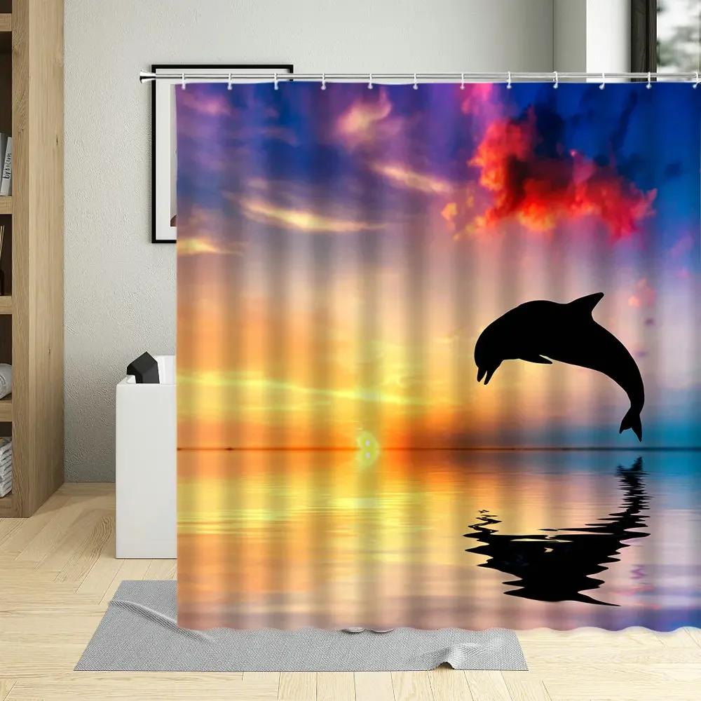 Ocean Sea Animal Dolphin Fish Waterproof Shower Curtain Creative Deep Sea Child Bathroom Decor Screen With Hooks Curtains Set