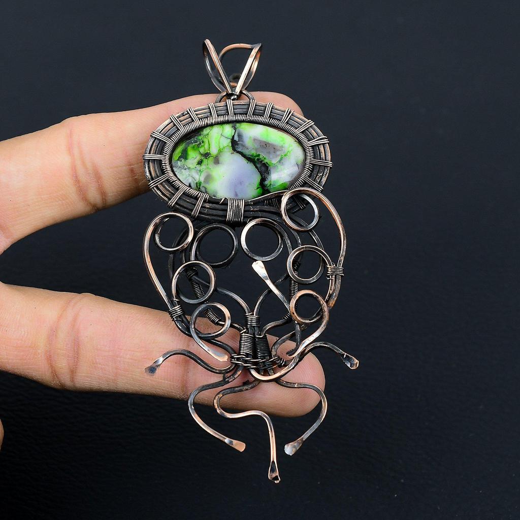 Green Dendrite Opal Gemstone Copper Wire Wrap Handmade Pendant Designer Jewelry