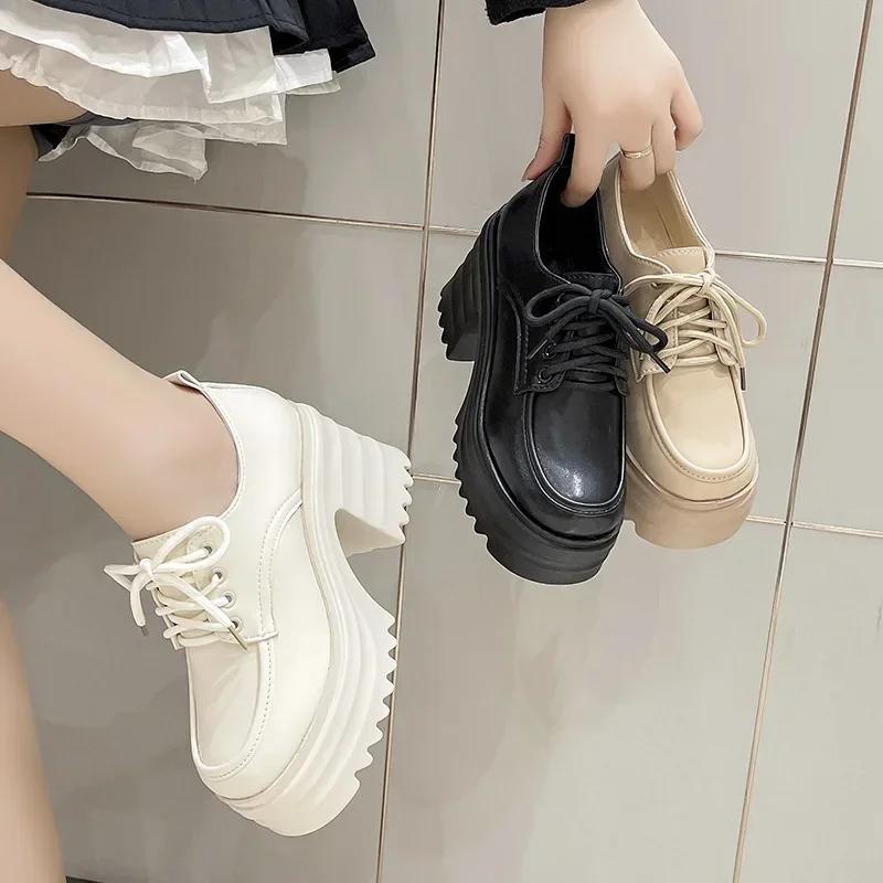 Women's Thick Heeled Lace Up High-heeled Leather Shoes 2024 Spring and Autumn New Fashion British Style Mary Jane Shoes