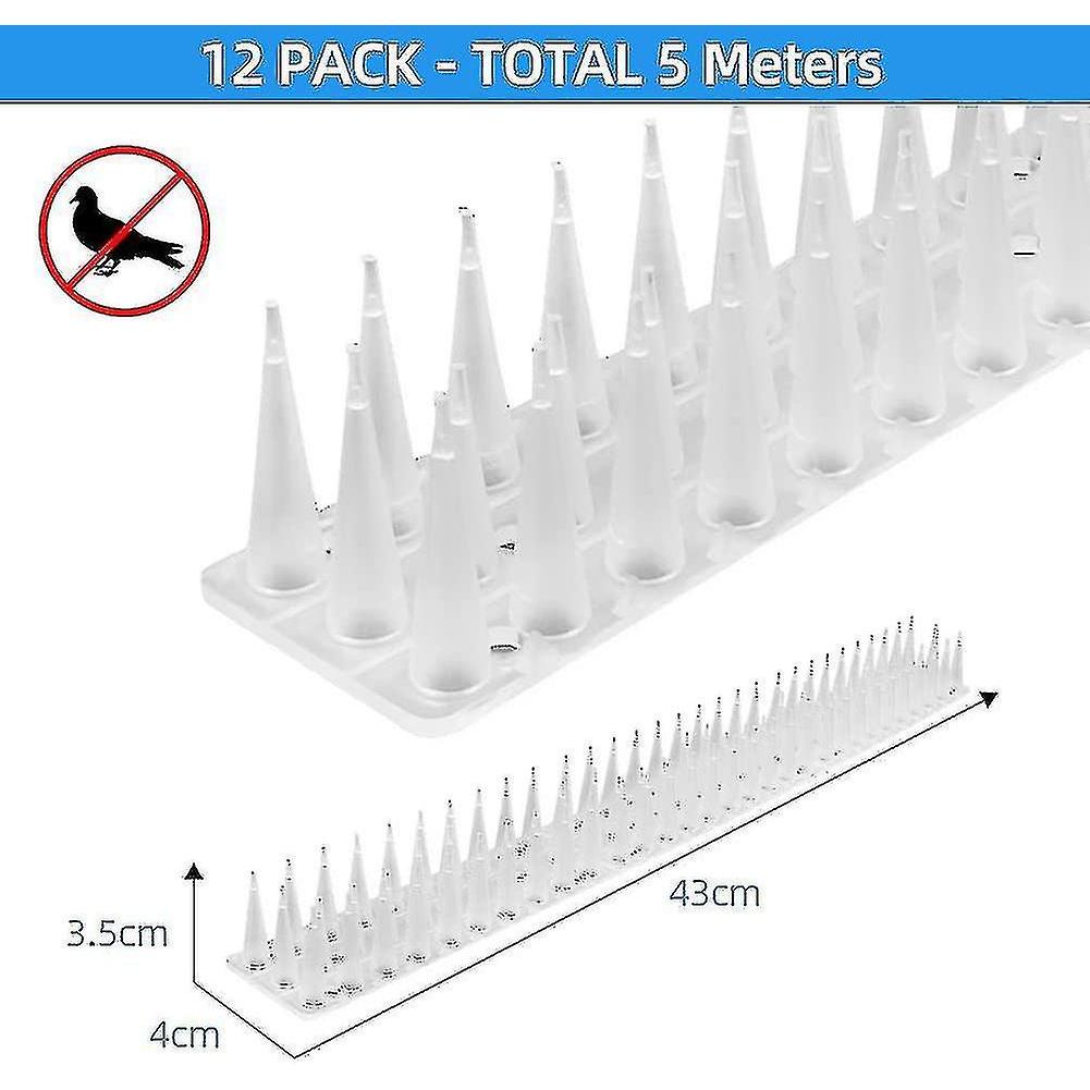 5 Meter Taubenspieße, 3 Reihen Kunststoff Taubenabwehr Vogelabwehr Krähenabwehr Katzenabwehr für Balkon, Zäune und Dach - Packung mit 12 (Weiß)