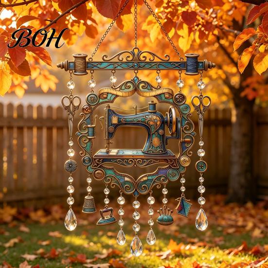Gift for Tailors And Patchwork Lovers Vintage Sewing Machine Crystal Wind Chime, Acrylic Outdoor Hanging Suncatcher, Indoor Ornament Colorful Pendants