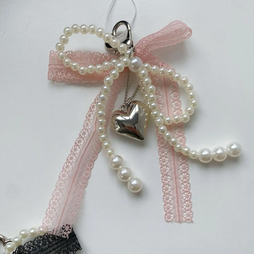 Lace Bowknot Keychain Imitation Pearls Beaded Pendant Keyring for Women Handbag Backpack Key Chain Ornament
