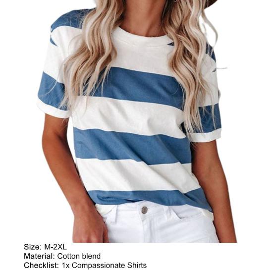 T-shirt ample à manches courtes et col rond pour femmes, rayé bleu et blanc imprimé, blouse d'été streetwear