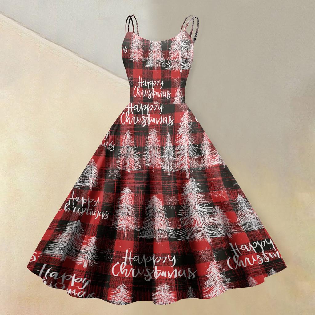 Women's Casual Sleeveless Dress with Christmas Print and Round Neck for Holiday Party