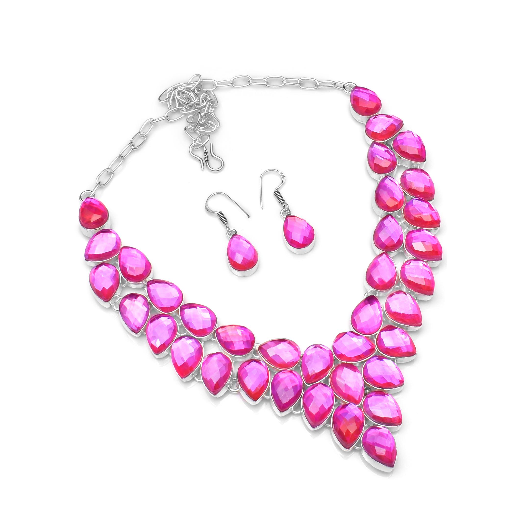 

Handmade Pink Rainbow Topaz Necklace and Earrings Set Silver Plated Pear Cut Gemstone Statement Jewelry for Women Wedding & Party Wear Accessories