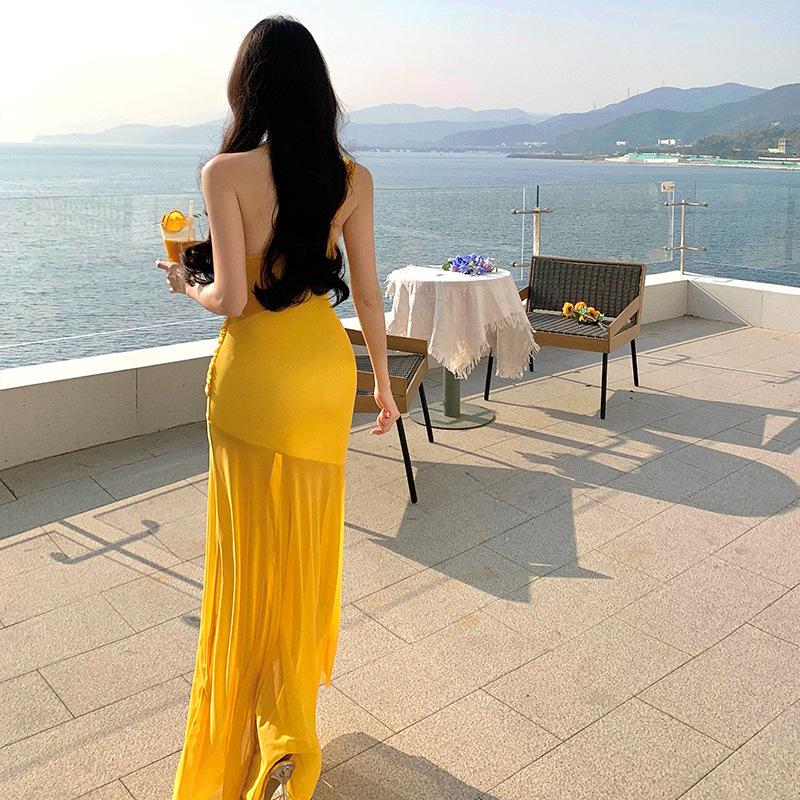 Thailand travel vacation photo beach dress pure desire sexy mesh diagonal shoulder suspender dress slim hip wrap dress