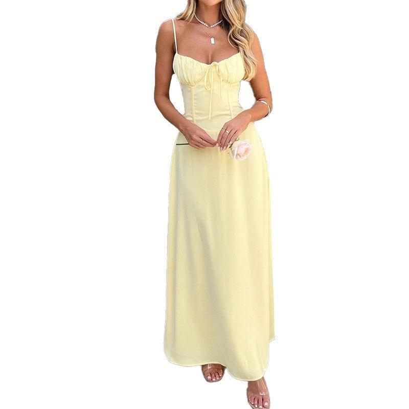 European and American Women's Clothing New Temperament Lace-up A Solid Color Long Suspender Dress