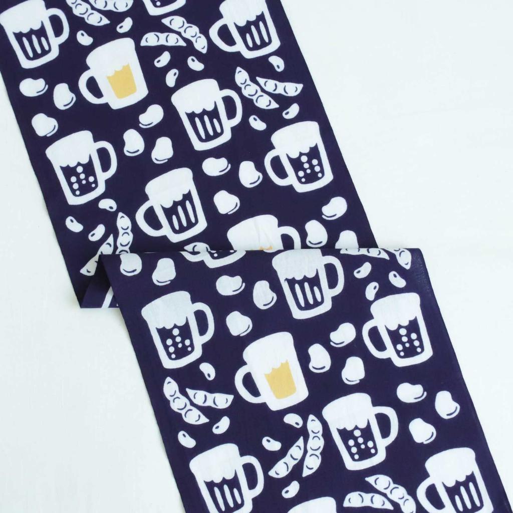 IKS Chusen Tenugui Hand Made in 34 x Beer x Prime Minister Fabric Towel, Japan, 88cm, 100% Cotton, Beans, (Uncut)