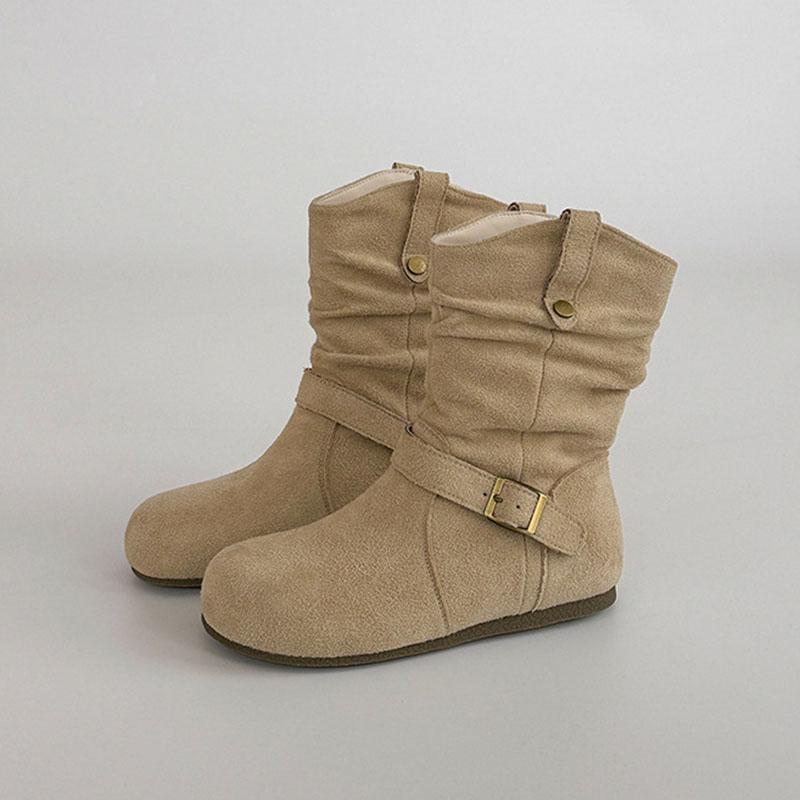 Fashion Retro Suede Buckle Western Boots Fashion Casual Ladies Flat Bottom Slip On Solid Color Short Botines Spring Autumn Women's Shoes