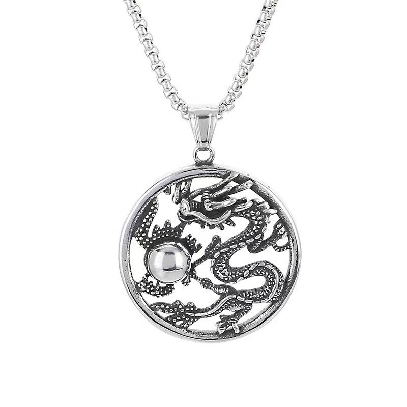 Dragon Playing with A PearlDragon Pattern Necklace Titanium Steel Sweater Chain Hoodie Chain and Necklace