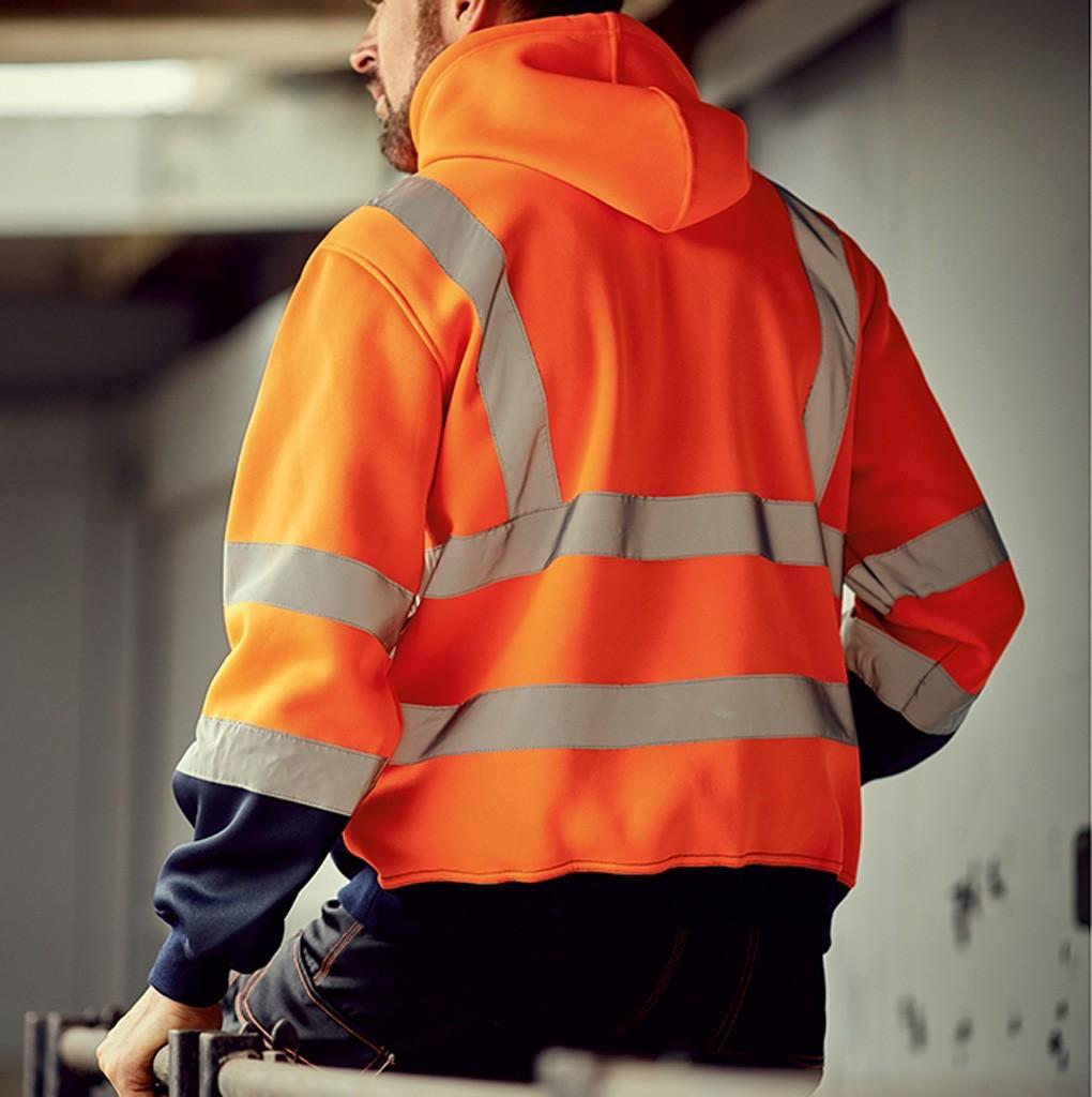 Fleece-lined Outdoor Sanitation Workwear Men's High Visibility Reflective Strip Zipper Color Blocking Hooded Sweatshirts