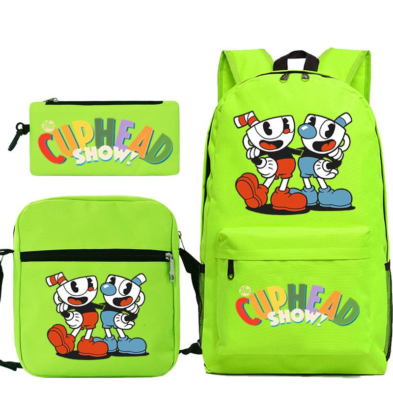 Cartoon Teacup Head Cuphead Student Backpack Oblique Span Bag Pencil Bag Primary And Secondary School Students Children'S Schoolbag Three-Piece Set