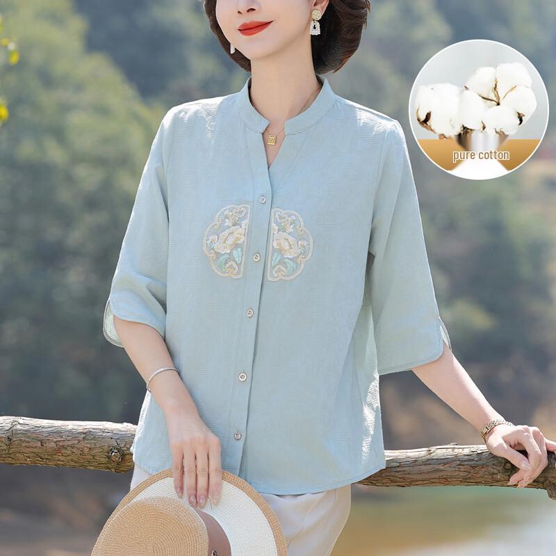 Women s New Chinese Style Pure Cotton Short-Sleeve Shirt 4XL