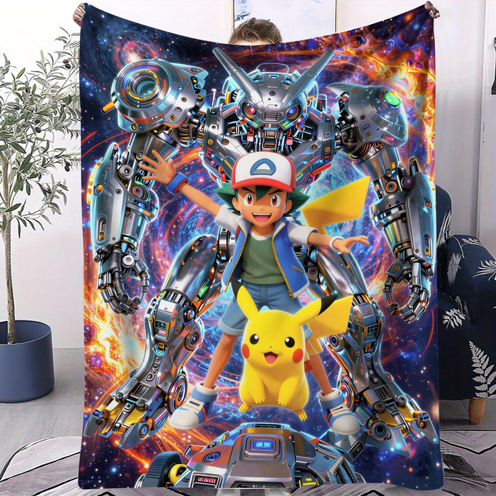 Pokemon Burst Glow PikachuAsh Print Flannel Throw Blanket for Adult Quality Cozy Soft Warm Blanket for Travel Office Home