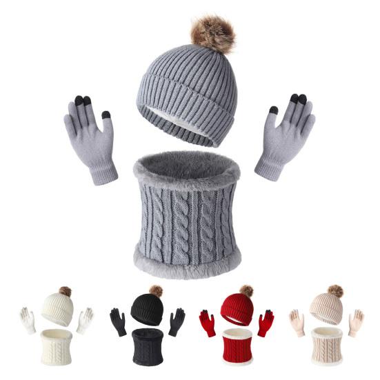 3Pcs/Set Winter Hat Scarf Gloves Set Solid Color Twist Texture Velvet Lining Winter Hat Neck Warmer Gloves Set Cold Weather Gear