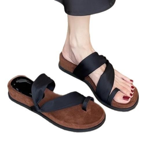 Soft leather~ French round head cover toe cool slippers women's summer outer wear temperament with skirt thick sole with two sandals