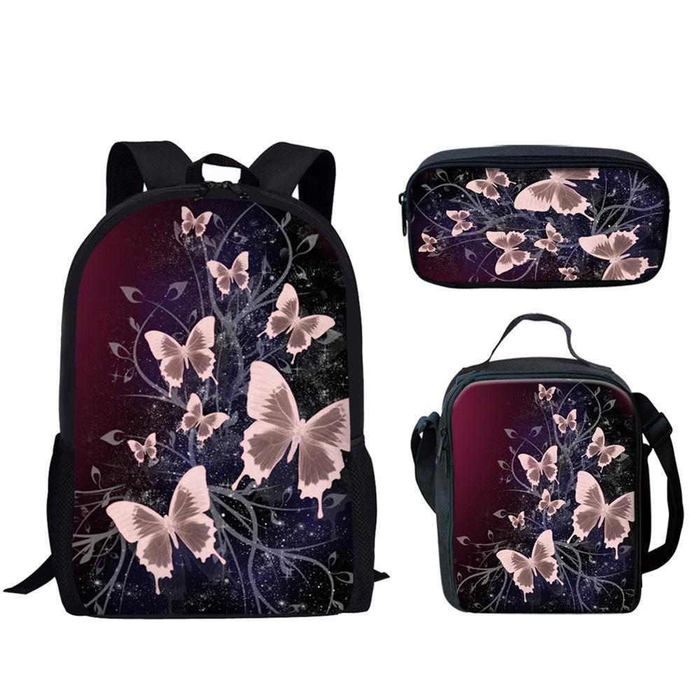 Klassiek Populair Grappig vlinder 3D Print 3 stuks/Set leerling Schooltassen Laptop Dagrugzak Rugzak Crossbody Lunchtas Etui