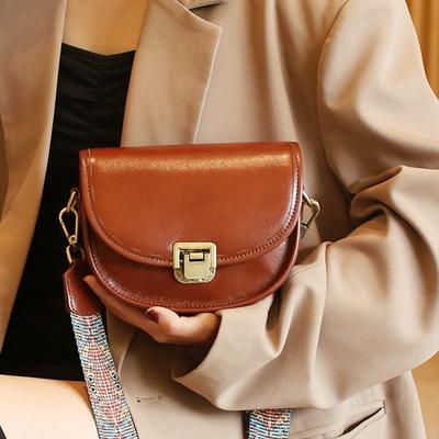 Genuine Leather Crossbody Bag Women's Vintage Top Layer Cowhide Wide Strap Small Shoulder Bag Half Moon Saddle Bag