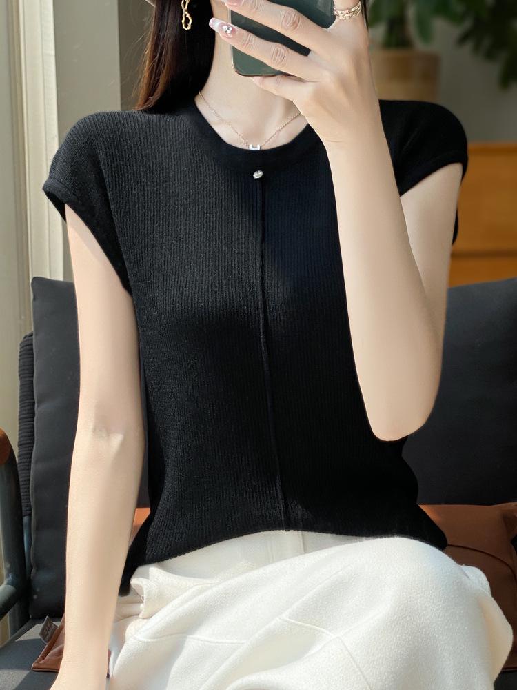Merino Wool Women's Short Sleeve Round Neck Knit Top with Center Seam