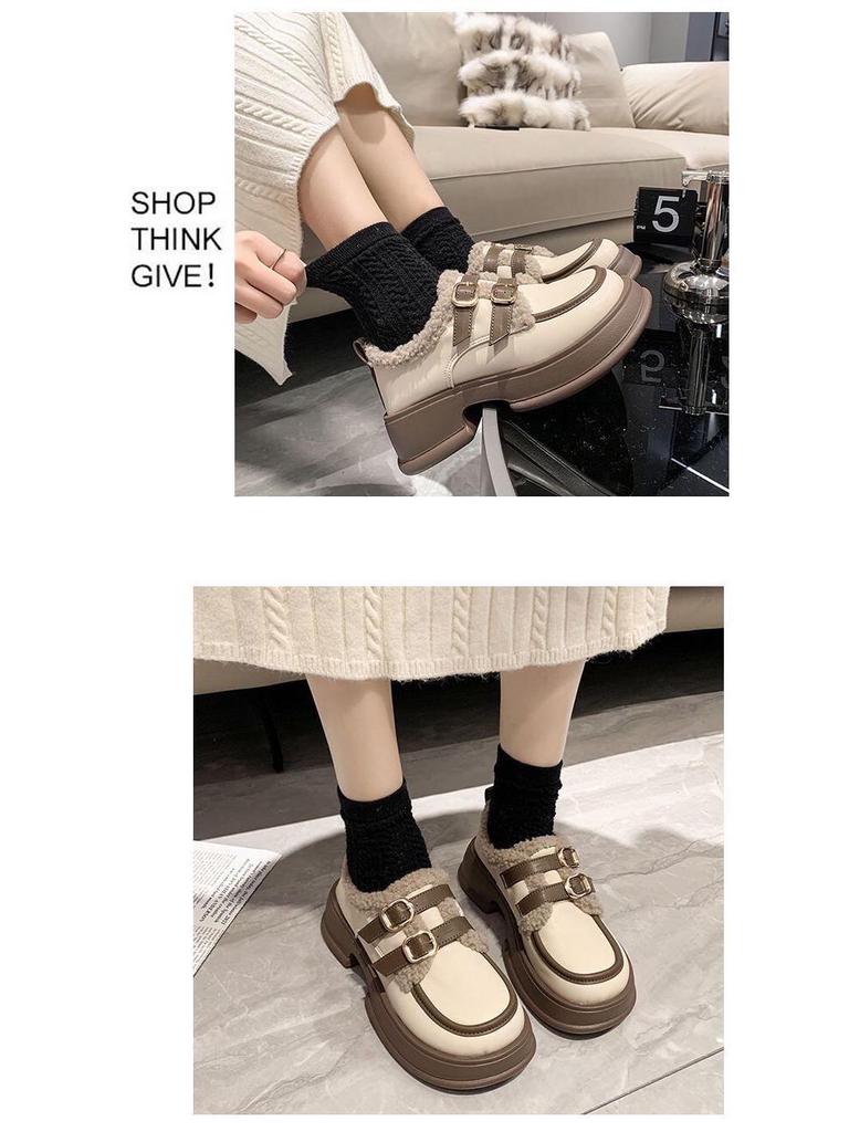Brand Thick-Soled Leather Height-Increasing Warm Cotton Shoes for Women - Autumn/Winter Japanese Style