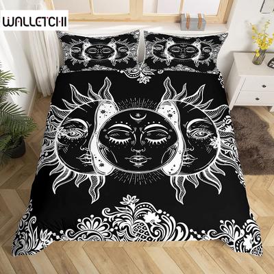 Housse de Couette Mandala Ensemble Soleil et Lune Housse de Couette Liens Style Exotique Noir et Blanc Botanique Floral Polyester Ensemble de Literie