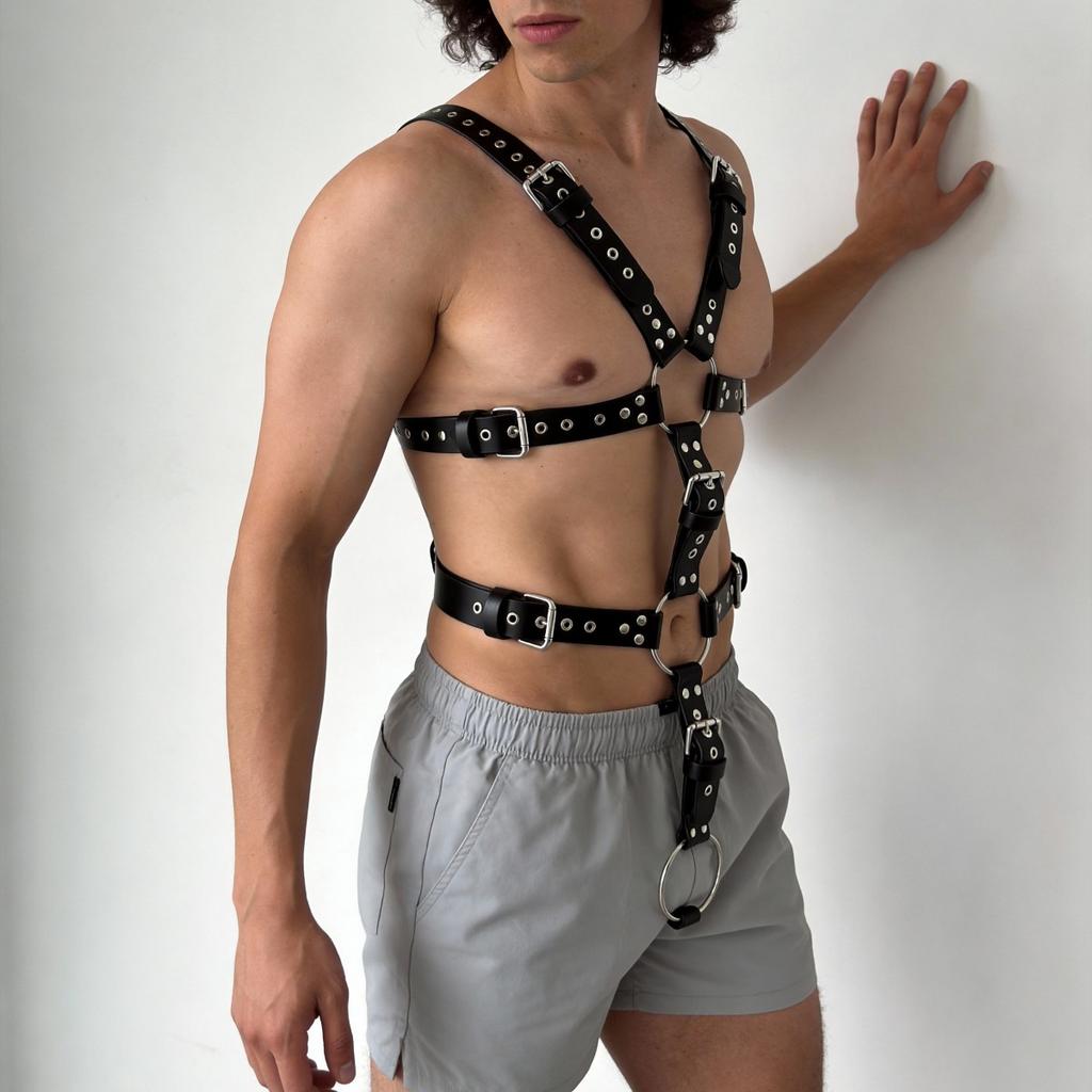 Edgy and Sophisticated Black Leather Body Harness with Buckles and Rings, Perfect for a Bold Look