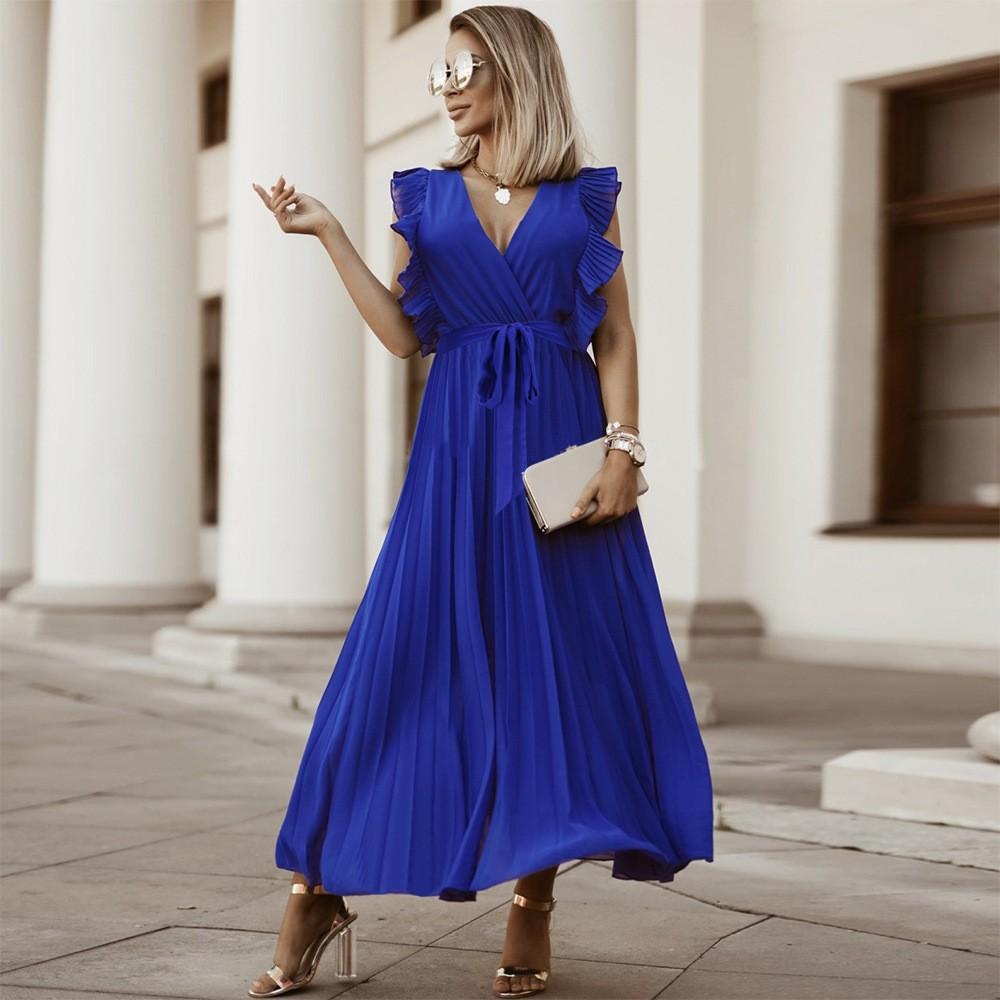 Mode Elegant Einfarbig Plissiert Kleider Damen V-Ausschnitt Hohe Taille Schnürung Rüschenärmel Chiffon Langes Kleid Weiblich Vestidos