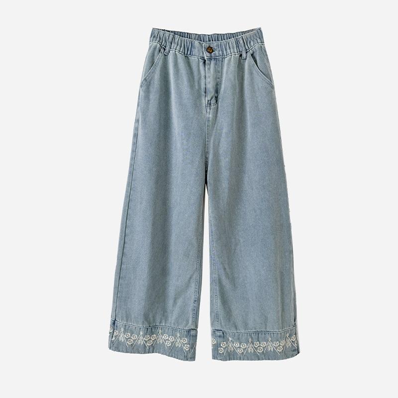 plus size Vintage embroidery floral high waist casual loose Women summer autumn spring jeans denim Straight Pants