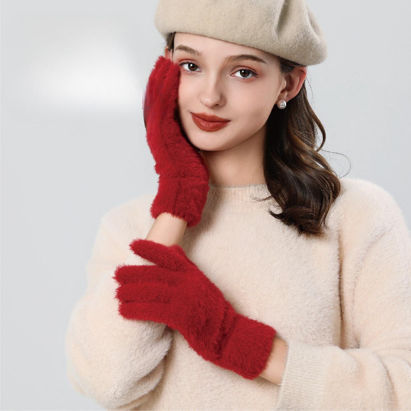 

Зимние теплые плюшевые перчатки для женщин, перчатки для езды на открытом воздухе, непродуваемые перчатки, вязаные пальцы, простые однотонные утолщенные перчатки