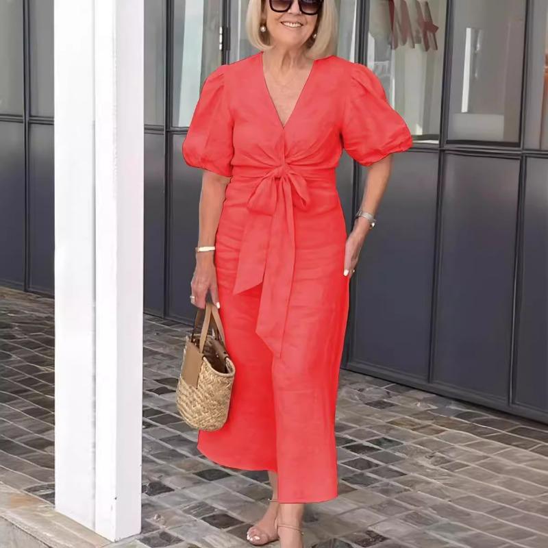 

Платье больших размеров для женщин, весна-лето, V-образный вырез, шнуровка, рукав-фонарик, однотонные повседневные платья 5XL арбуз красный