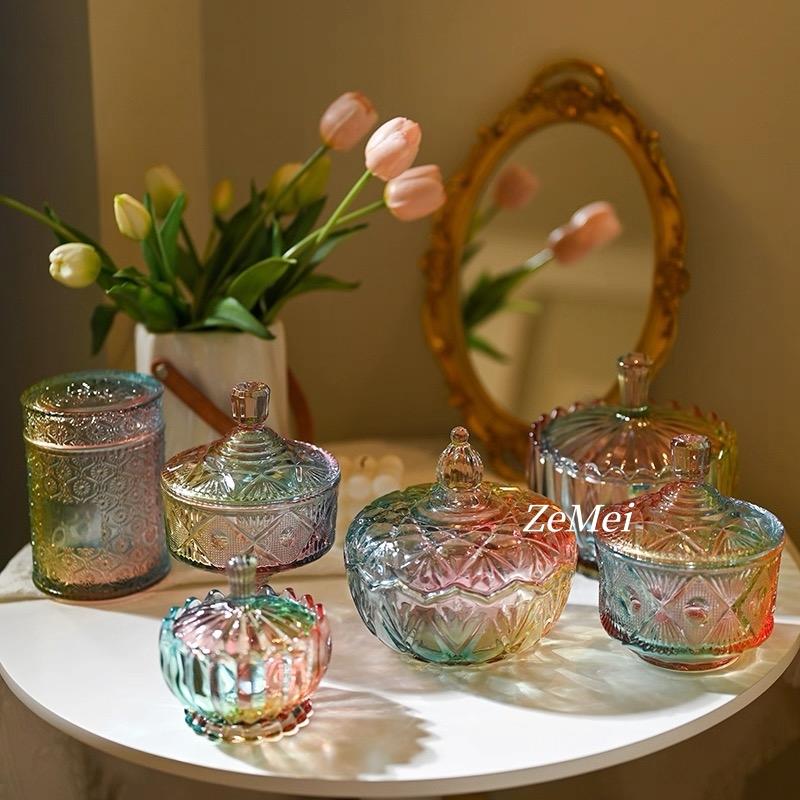 European-Style Colored Glass Storage Jar,Coffee Sugar Jars & Jewelry Boxes Organizer Glass With Lid Candy Container Decoration
