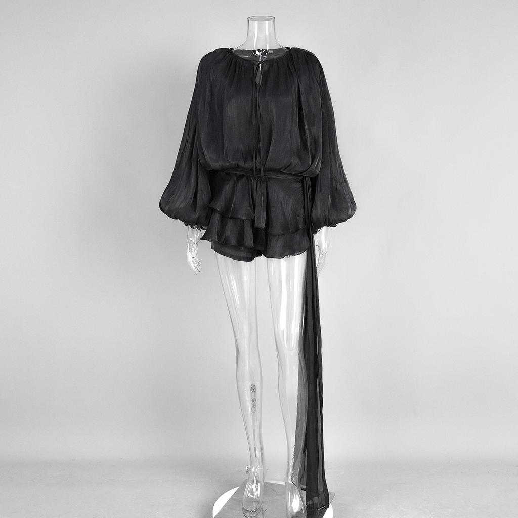 Chiffon-Langarmkleid Europäischer und Amerikanischer Sommer Neues Laternenärmel Schnürung Kurzer Rock Rüschen Blattkante Kleid