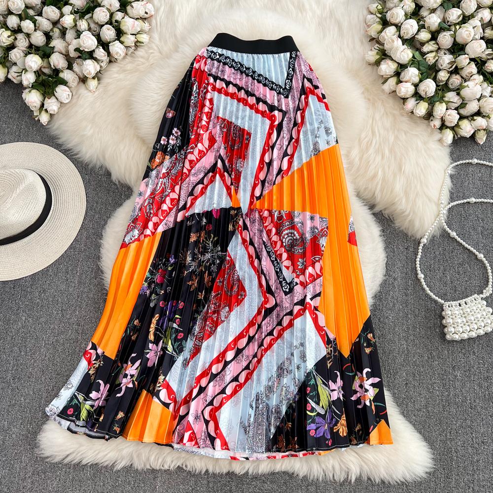 Jupe d'été taille haute slim mi-longue au-dessus du genou imprimée A-line plissée taille élastique jupe ample