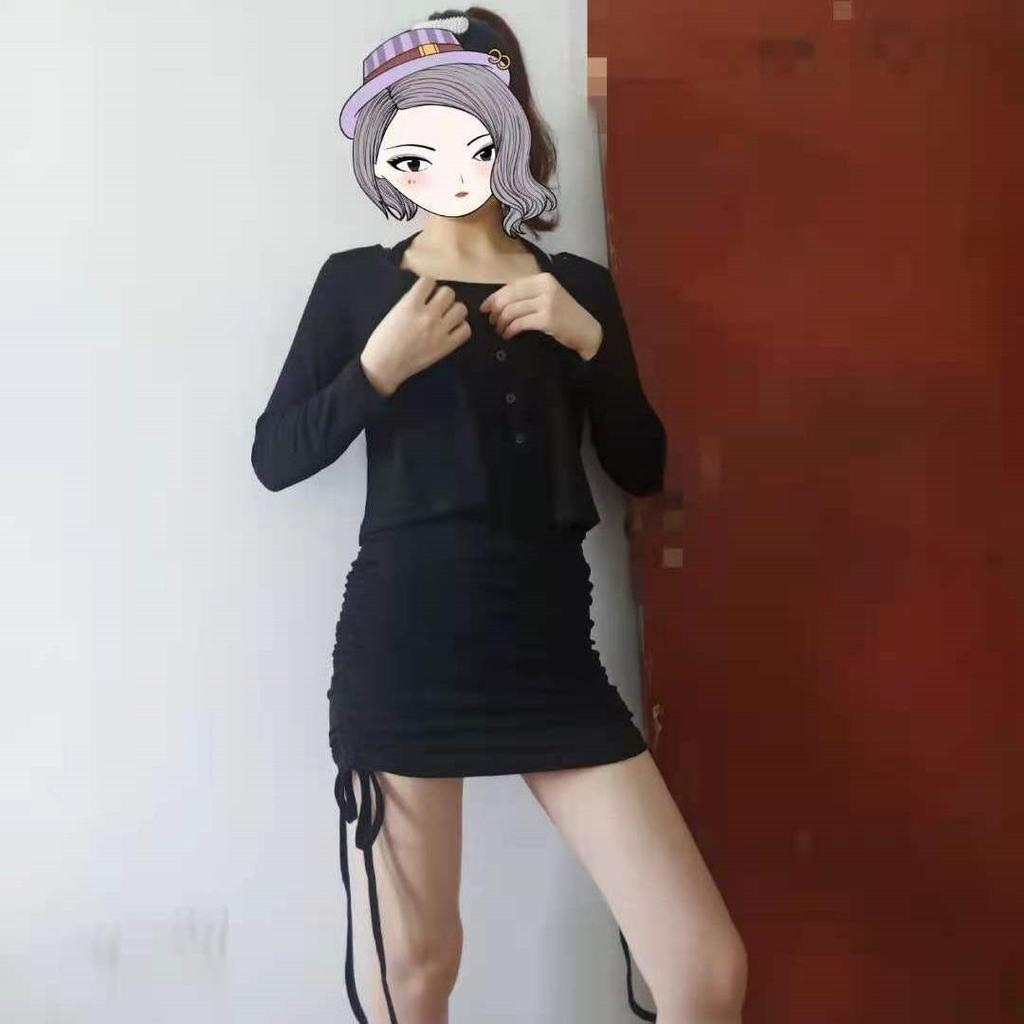 Spring and Autumn New Internet Celebrity Pure Desire Jacket Drawstring Hanging Neck Suspender Dress Slim + Short Skirt Thin Short Versatile
