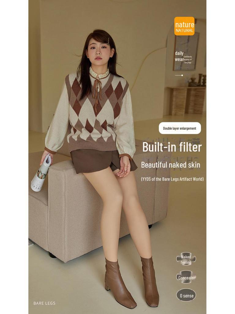 Double-Layer Oversized Winter Bare Leg Pantyhose: Women's Enhanced Fit, No-Slip Nude Feel, Plush Velvet Leggings.