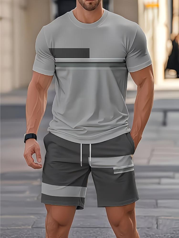 Men's Outdoor Outfit Set, Summer Trendy Fashion Short-Sleeve Crew Neck Creative Quick-Dry T-Shirt Top + Shorts, 3D Digital Print Vintage Style Striped