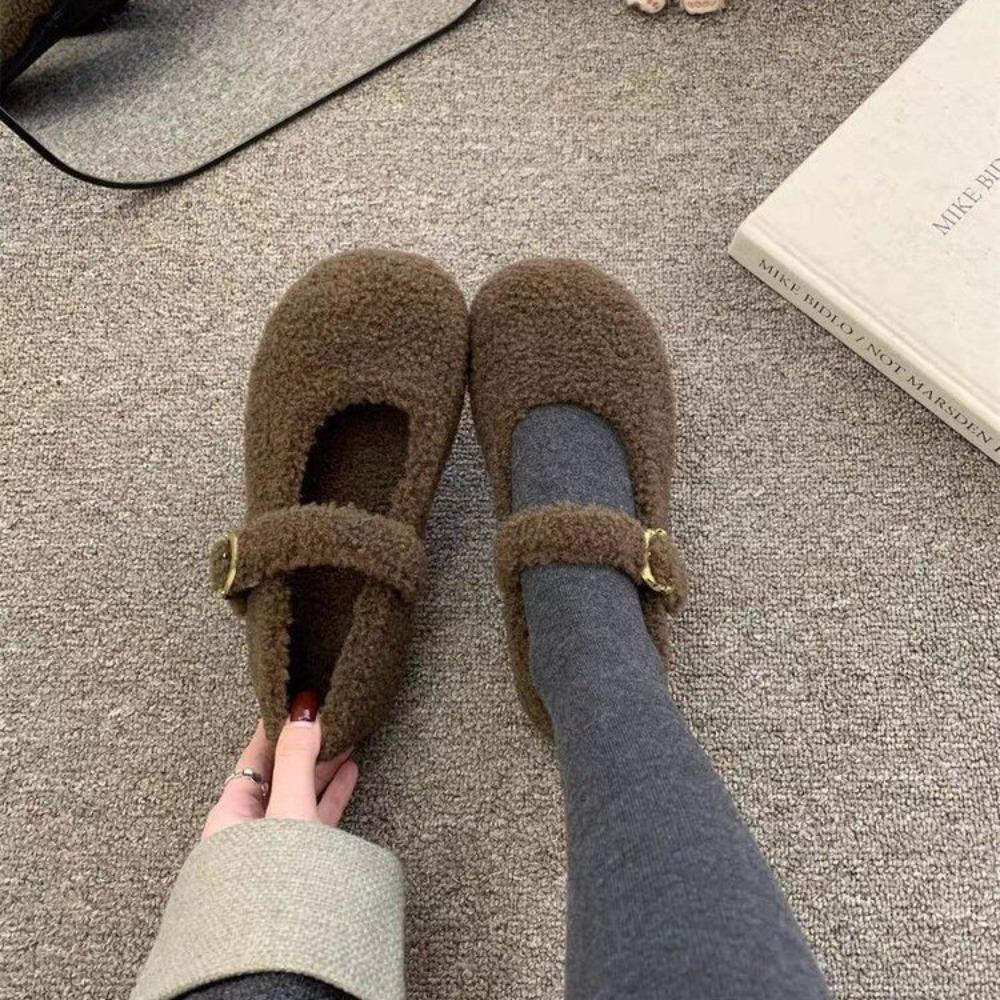 

Fashion Round Toe Wool Ballet Flats Woman Concise Warm Plush Loafers Ladies Brand Design Fluffy Mary Jane Shoes in Red Grey 40