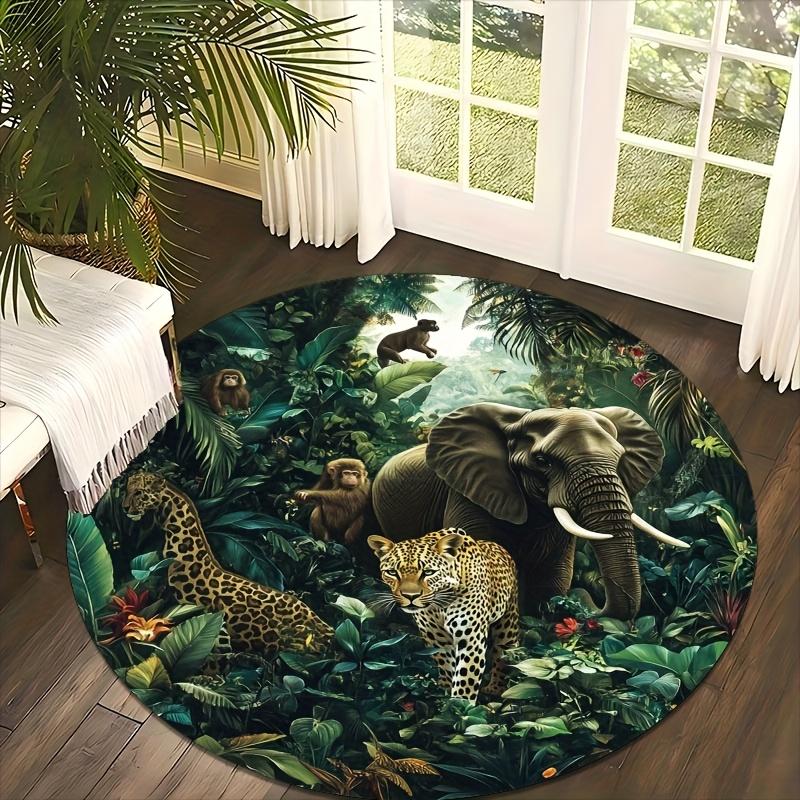 Ungle Animal Print Round Mat, Non-Slip Washable Rug with Elephant Leopard Tiger, Tropical Theme Decor for Indoor Outdoor