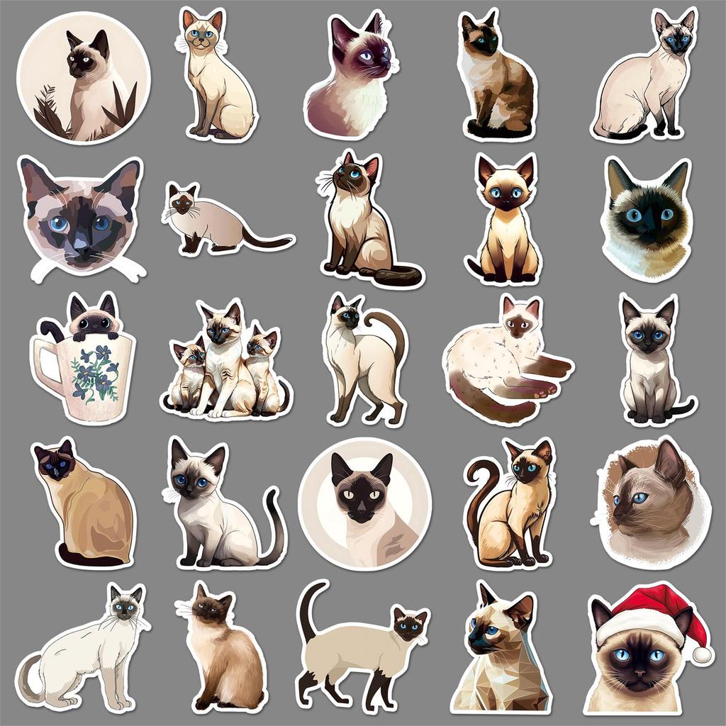 50 Cute Siamese Cat Stickers: Waterproof, Cartoon Pet Decorations for Cups and Journals