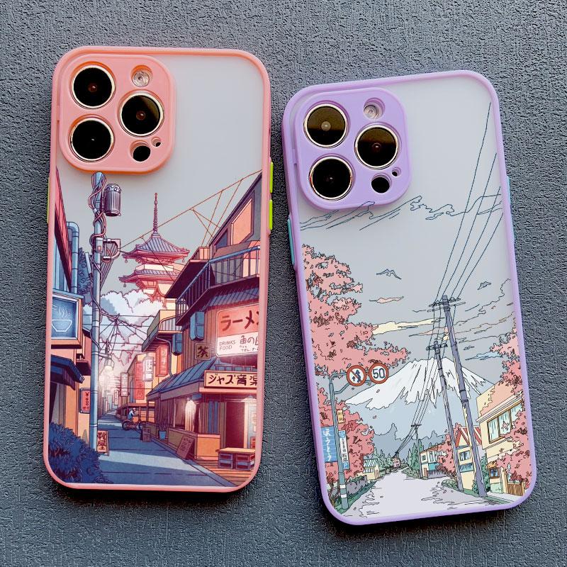 Japanese Anime Painted House scenery Phone Case For iPhone 16 15 Plus X XR XS Max 17 16 15 13 12 11 14 Pro Max Hard Matte Cover