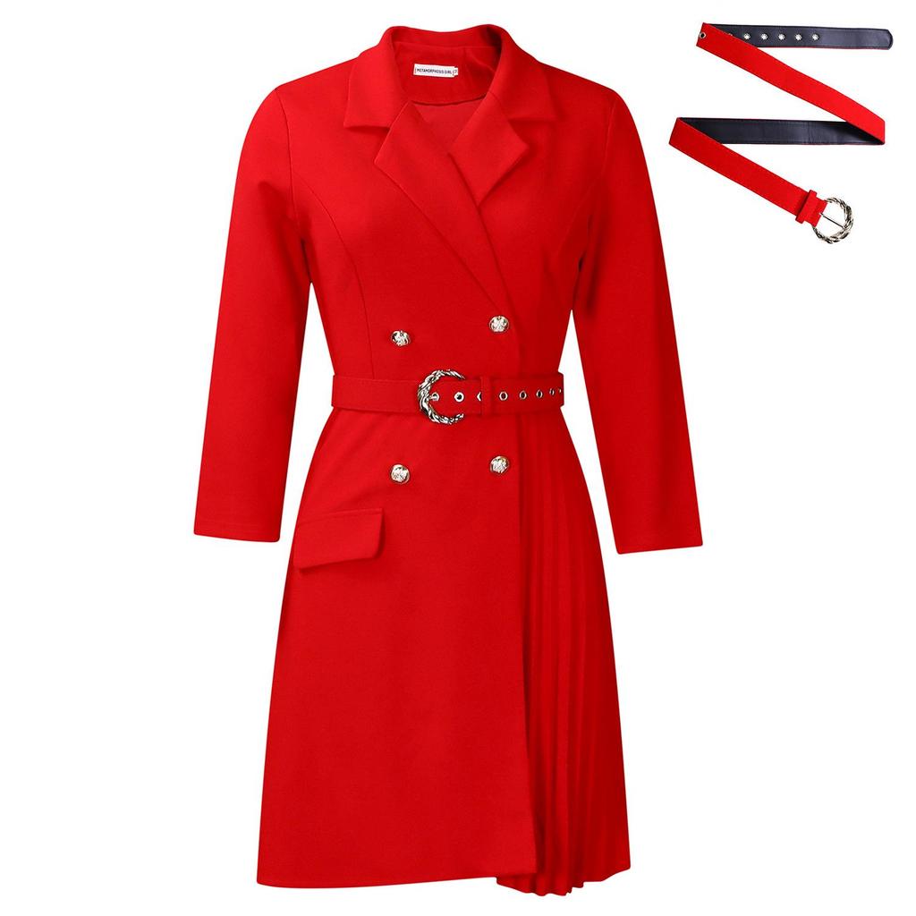 High Waist Slimming Pleated Mid-Length Suit Dress D3284