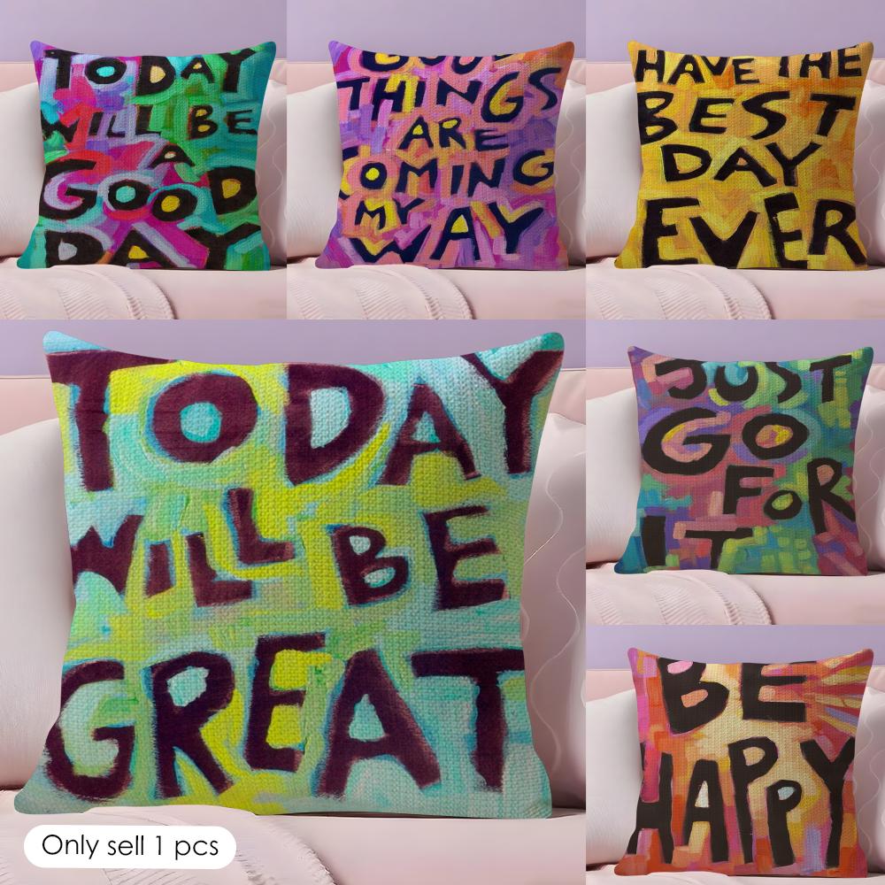 Creative Watercolor Words Cushion Cover Natural Linen Organic Fabric DoubleSided Printing Couch Pillow Covers Home Decor